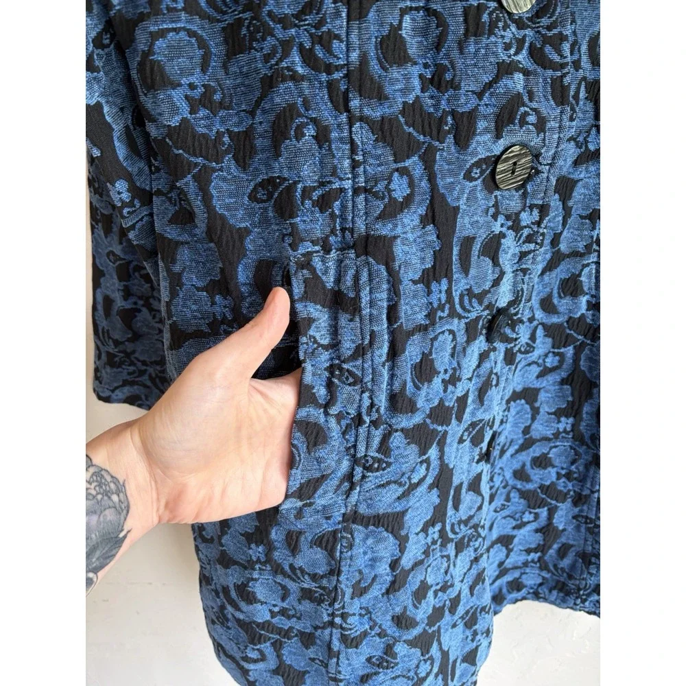 Vintage CMC Blue Floral Tapestry Jacquard Coat M Maximalist Boho Brocade Retro